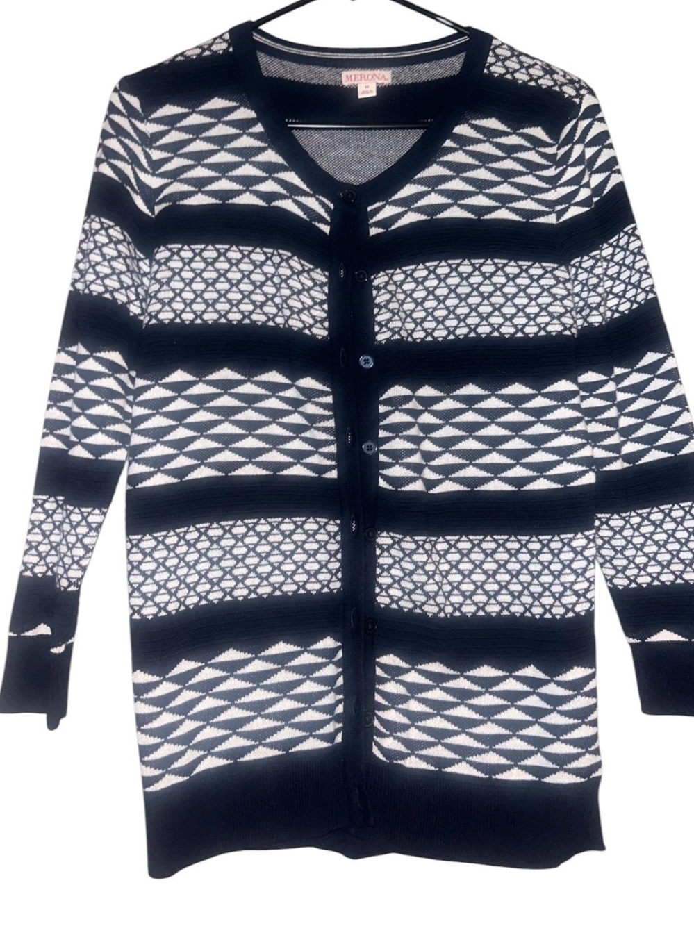 Merona Navy Blue and White Patterned Button-Front Cardigan Size Medium